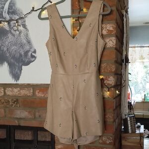 Avec Les Filles Beige Faux Leather Romper with Floral Embroidery